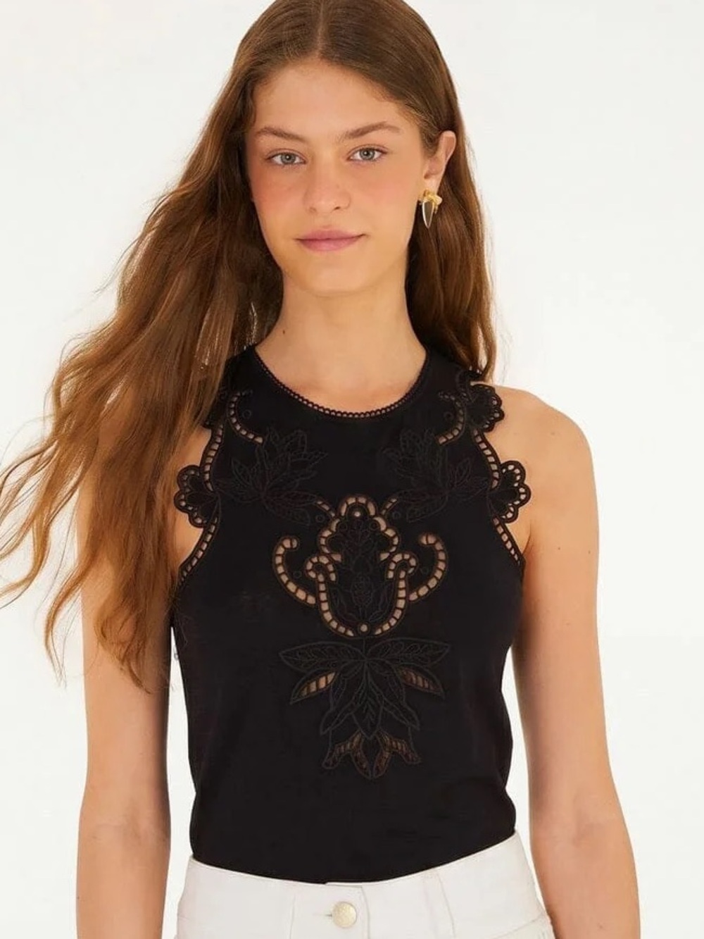 FARM Rio Black Lace Organic Cotton Sleeveless Blouse